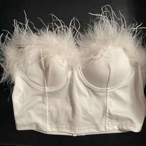 Feather Trim Bustier Crop Top - White